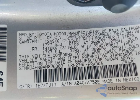 2010 Toyota Tacoma Prerunner V6 from USA, damaged, VIN 3TMKU4HN0AM026309